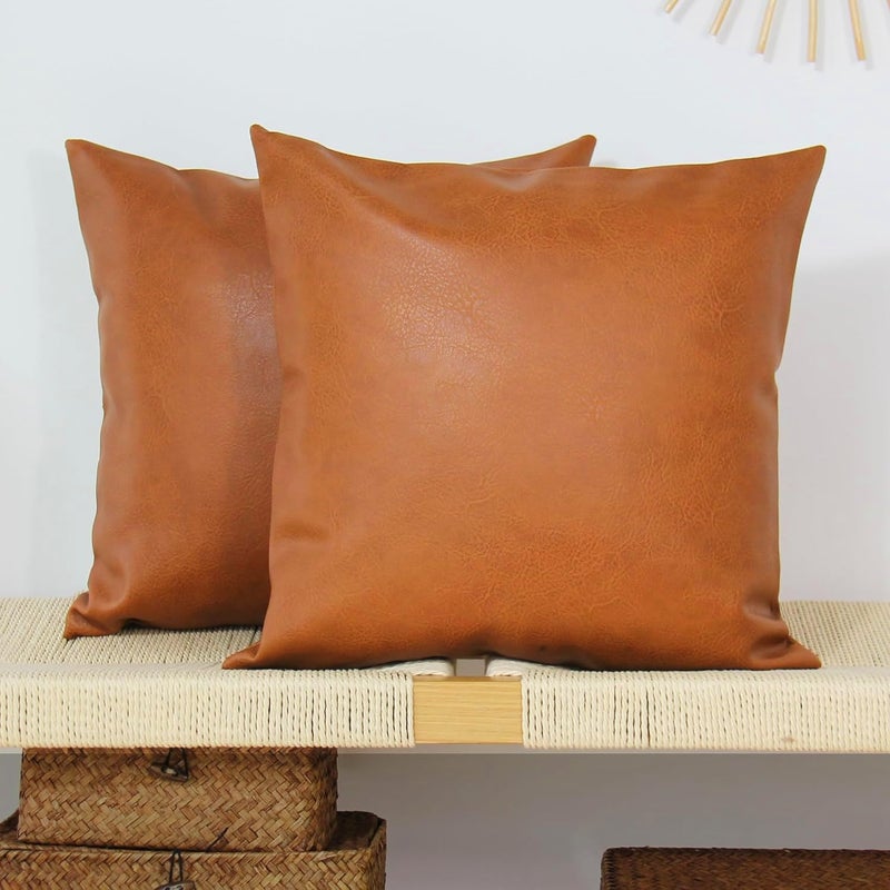 JOJUSIS Modern Leather Throw Pillow Covers for Couch Sofa Bed Set of 2 18 x 18 Inch 100% Faux Leather - Image 1